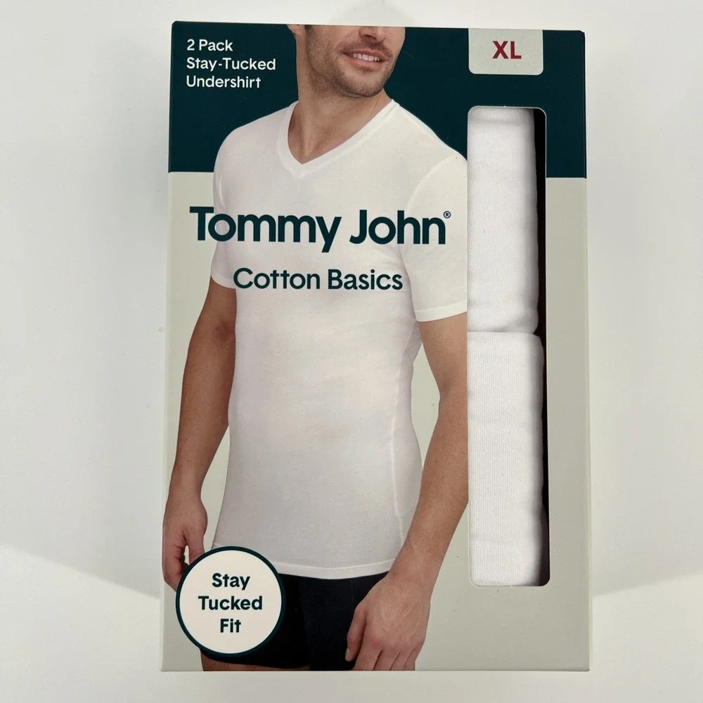 Tommy John Cotton Undershirt Men's XL High V Neck Stay-Tucked White 2-PACK